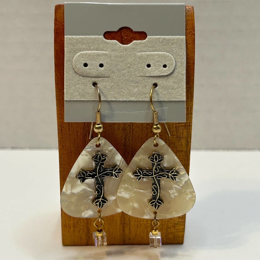 White Pearlescent Guitar Pick Earrings Handmade New